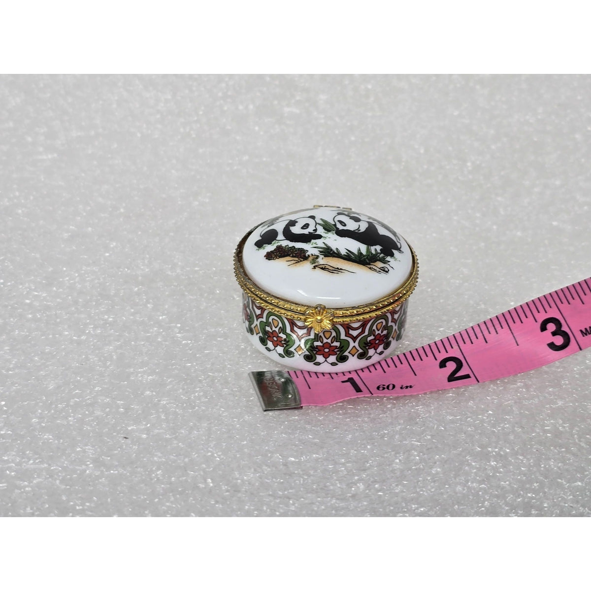 Vintage Chinese Porcelain Panda Trinket Pill Box Brass Gold Tone Hinged