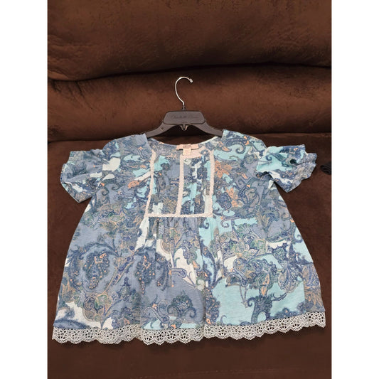 Vintage America Blues Women's Medium Blue Paisley Top Lace Hem Short Sleeves