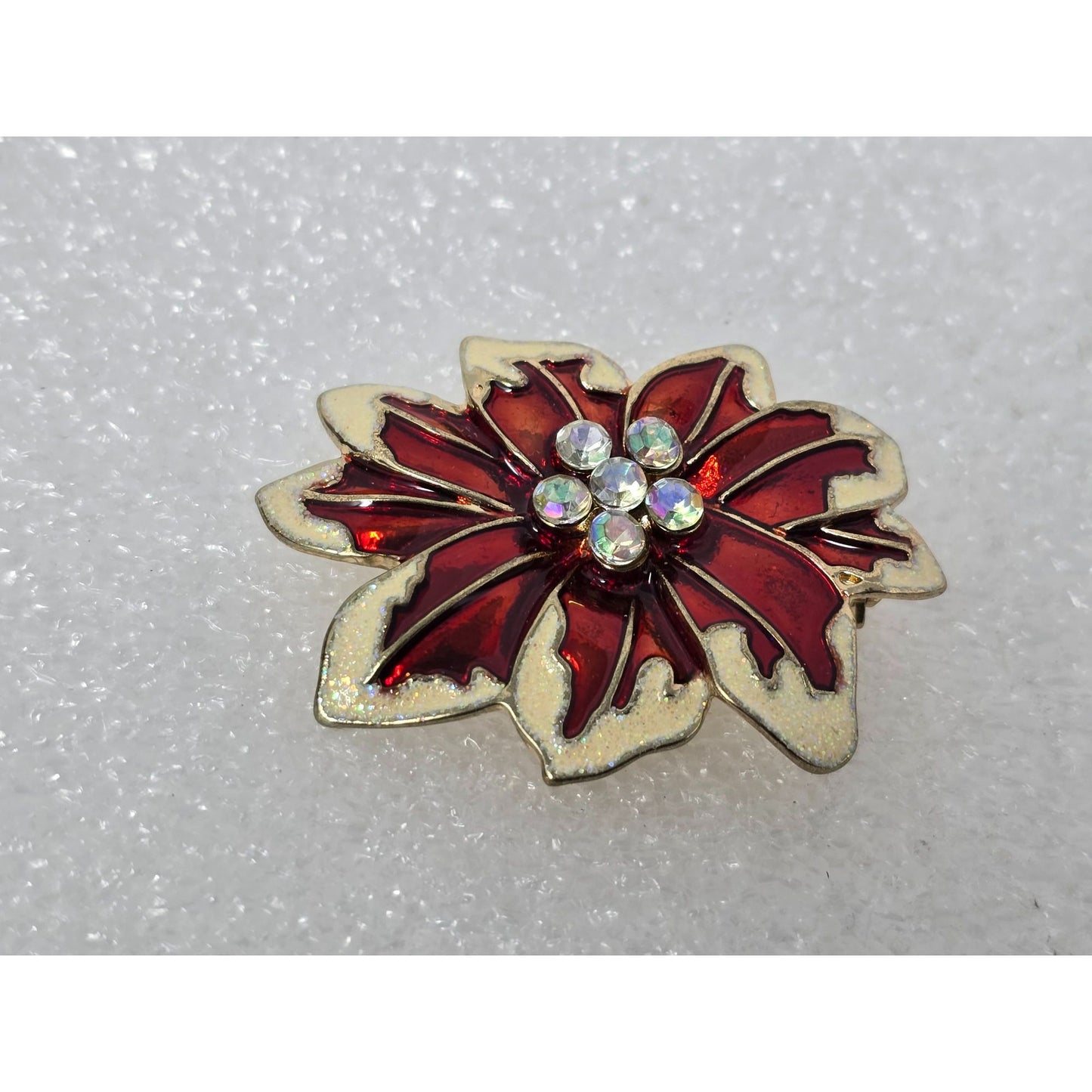 Vintage Red Enamel Flower Brooch Gold Tone Rhinestone Floral Pin Holiday Jewelry