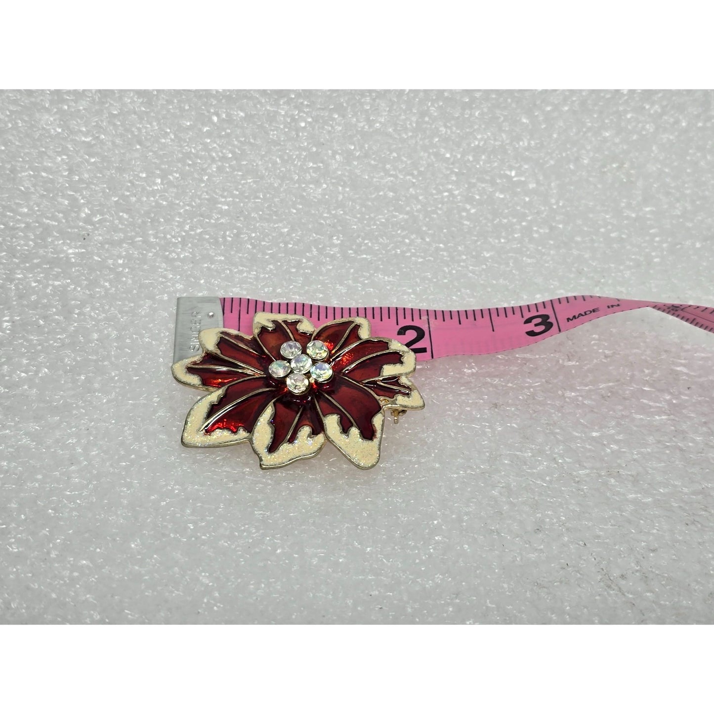 Vintage Red Enamel Flower Brooch Gold Tone Rhinestone Floral Pin Holiday Jewelry