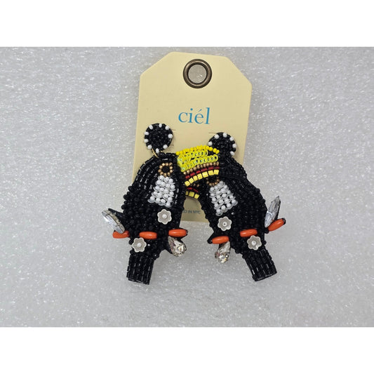 Beaded Toucan Earrings With Rhinestone Accents By Ciel Handcrafted In India