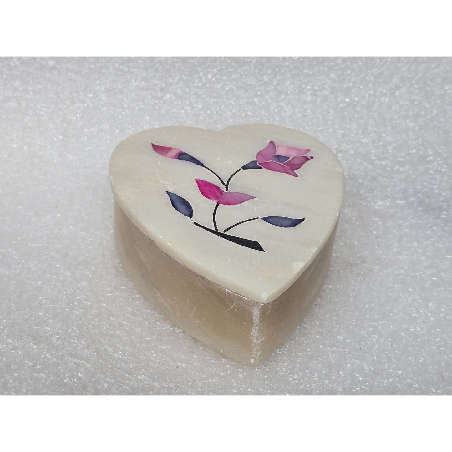Elegant Moments Handcrafted Genuine Soapstone Heart Trinket Box Inlaid Floral