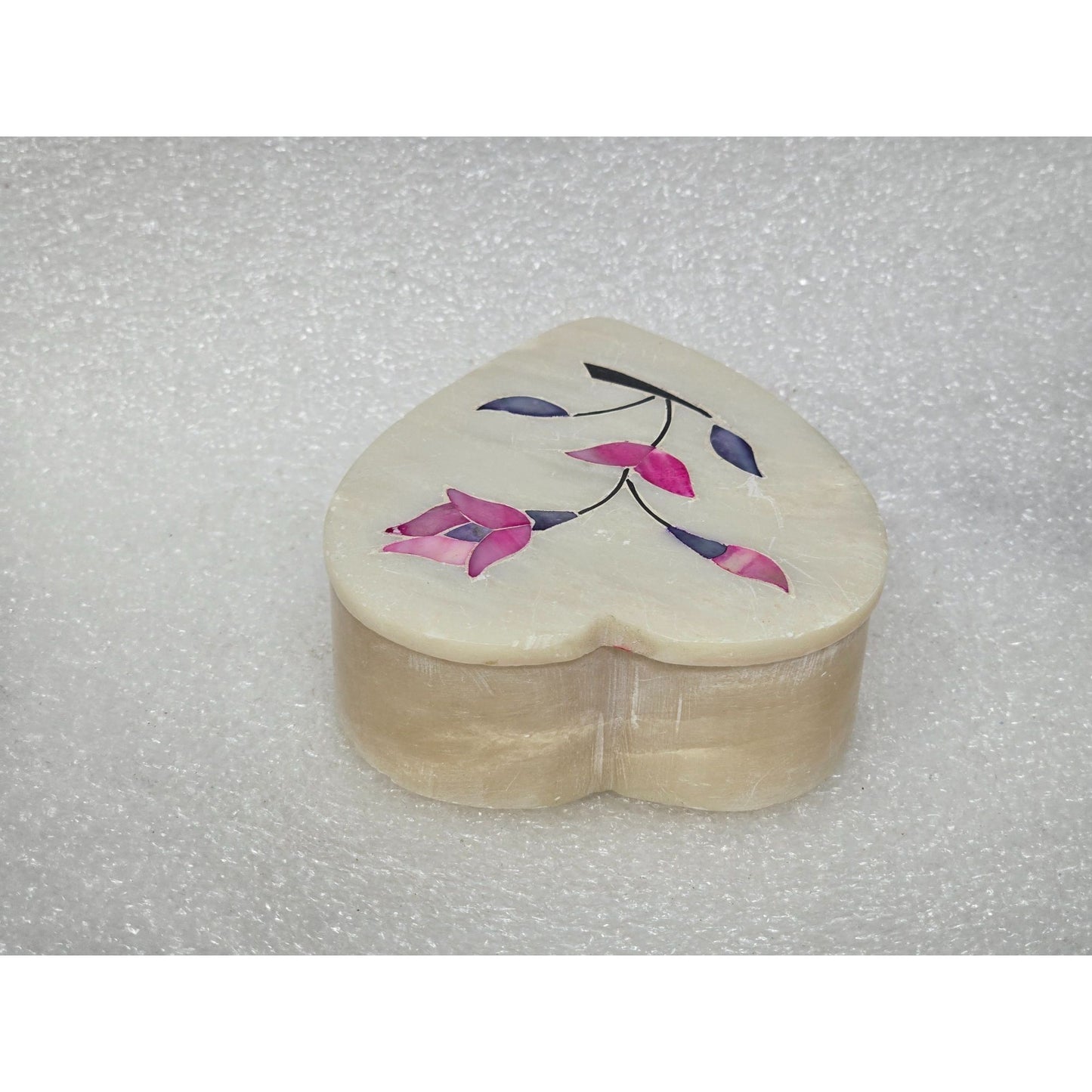 Elegant Moments Handcrafted Genuine Soapstone Heart Trinket Box Inlaid Floral