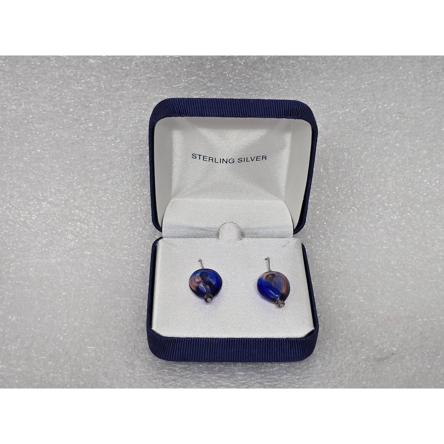 Sterling Silver Handblown Artisan Glass Drop Earrings Blue & Purple In Gift Box