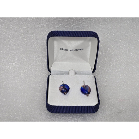 Sterling Silver Handblown Artisan Glass Drop Earrings Blue & Purple In Gift Box