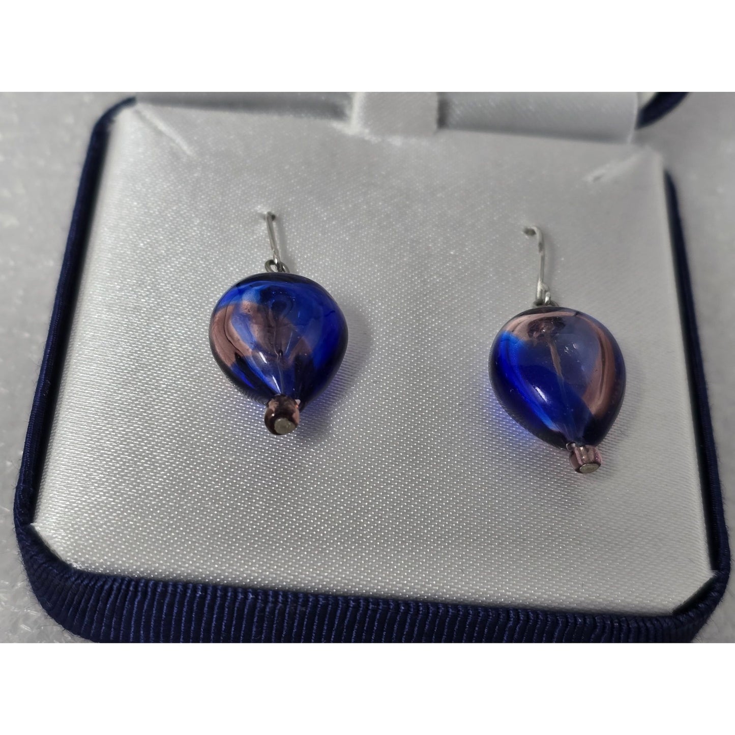 Sterling Silver Handblown Artisan Glass Drop Earrings Blue & Purple In Gift Box