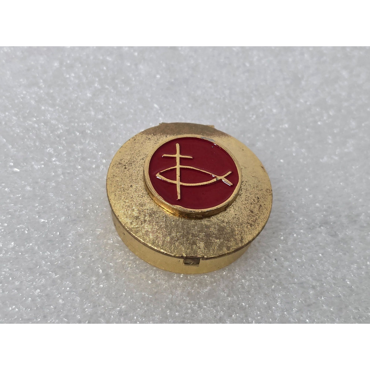 Vintage Gold Tone Catholic Communion Pyx Red Enamel Ichthys Fish Cross Host Box