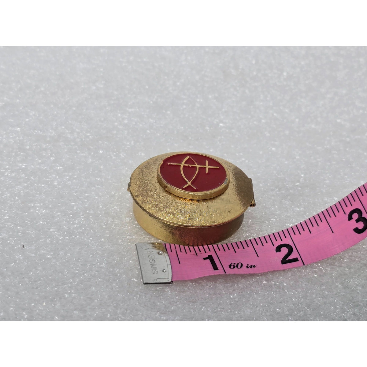 Vintage Gold Tone Catholic Communion Pyx Red Enamel Ichthys Fish Cross Host Box
