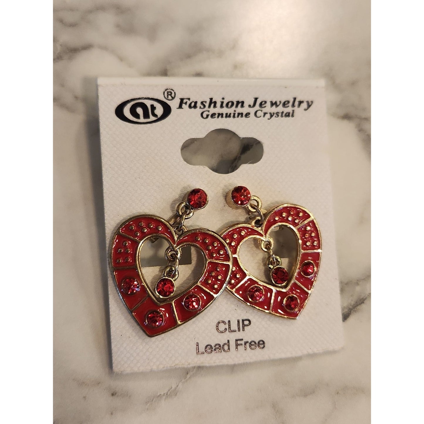 Vintage Heart-Shaped Clip-On Earrings Red Enamel & Crystals & Gold Tone Finish