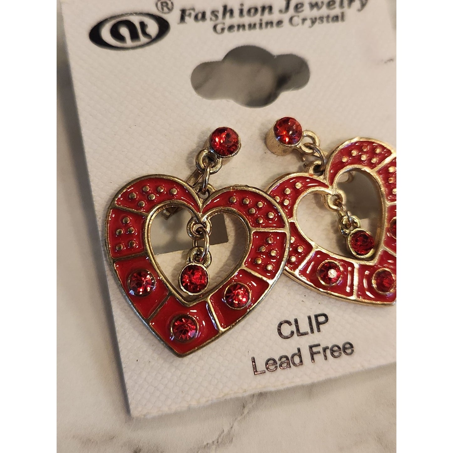 Vintage Heart-Shaped Clip-On Earrings Red Enamel & Crystals & Gold Tone Finish