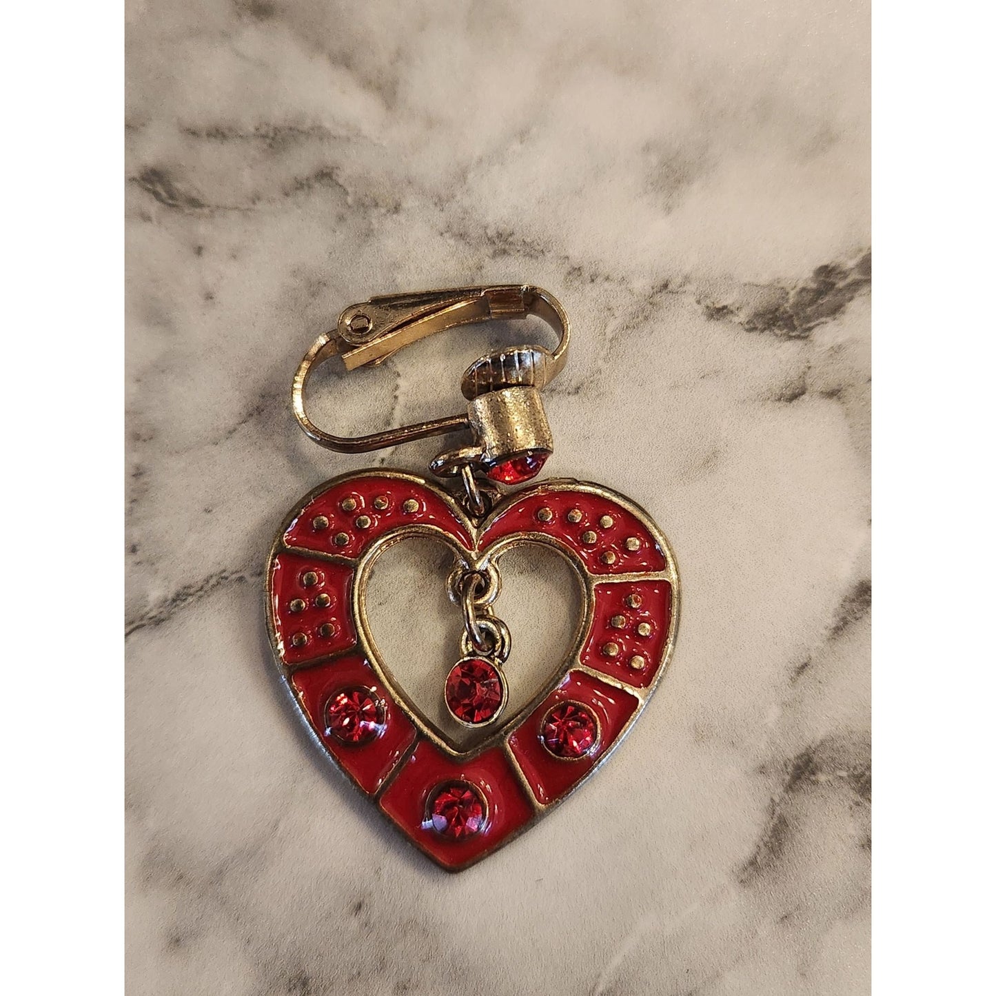 Vintage Heart-Shaped Clip-On Earrings Red Enamel & Crystals & Gold Tone Finish