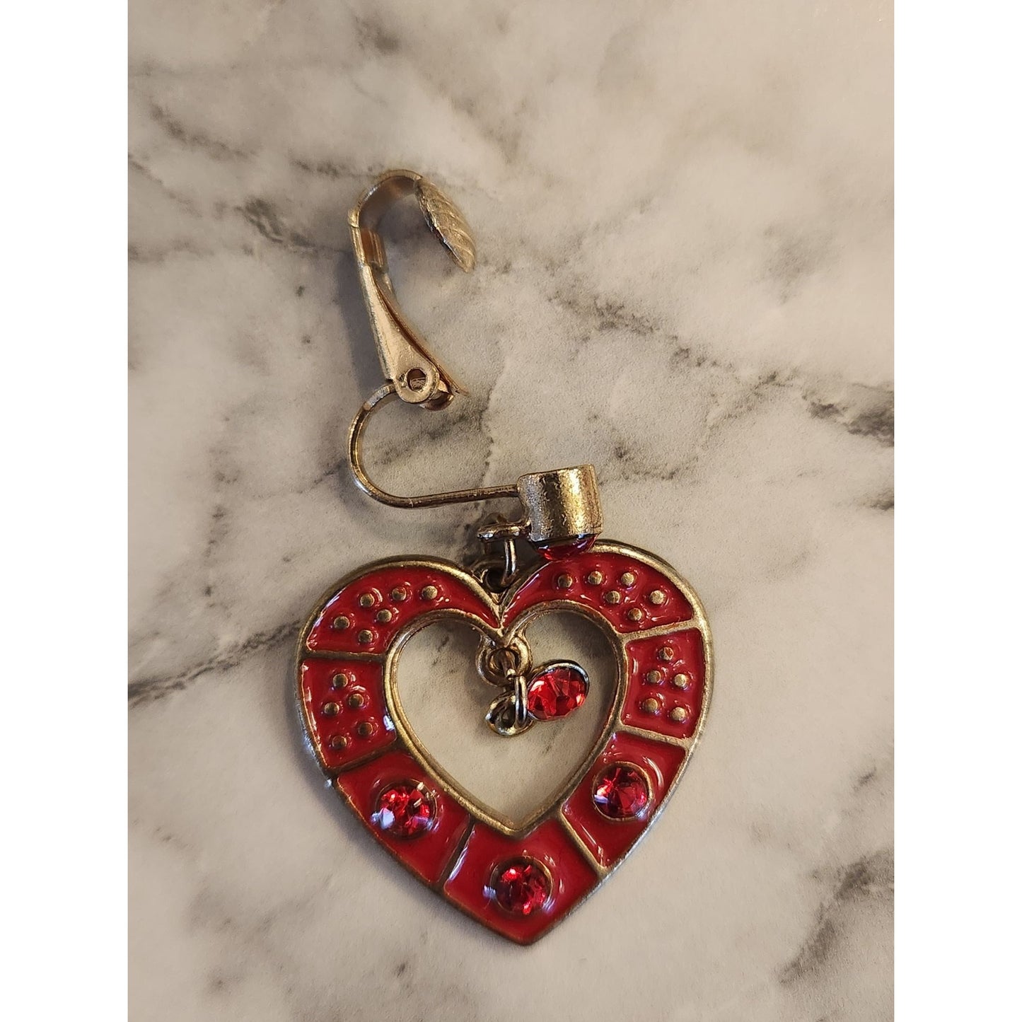 Vintage Heart-Shaped Clip-On Earrings Red Enamel & Crystals & Gold Tone Finish