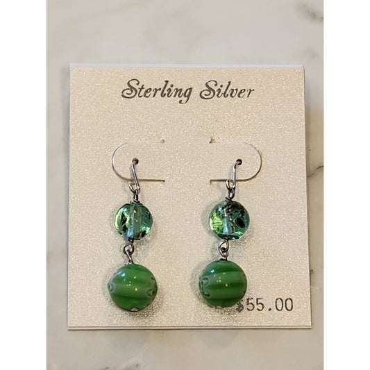 Sterling Silver Green Glass Bead Dangle Earrings