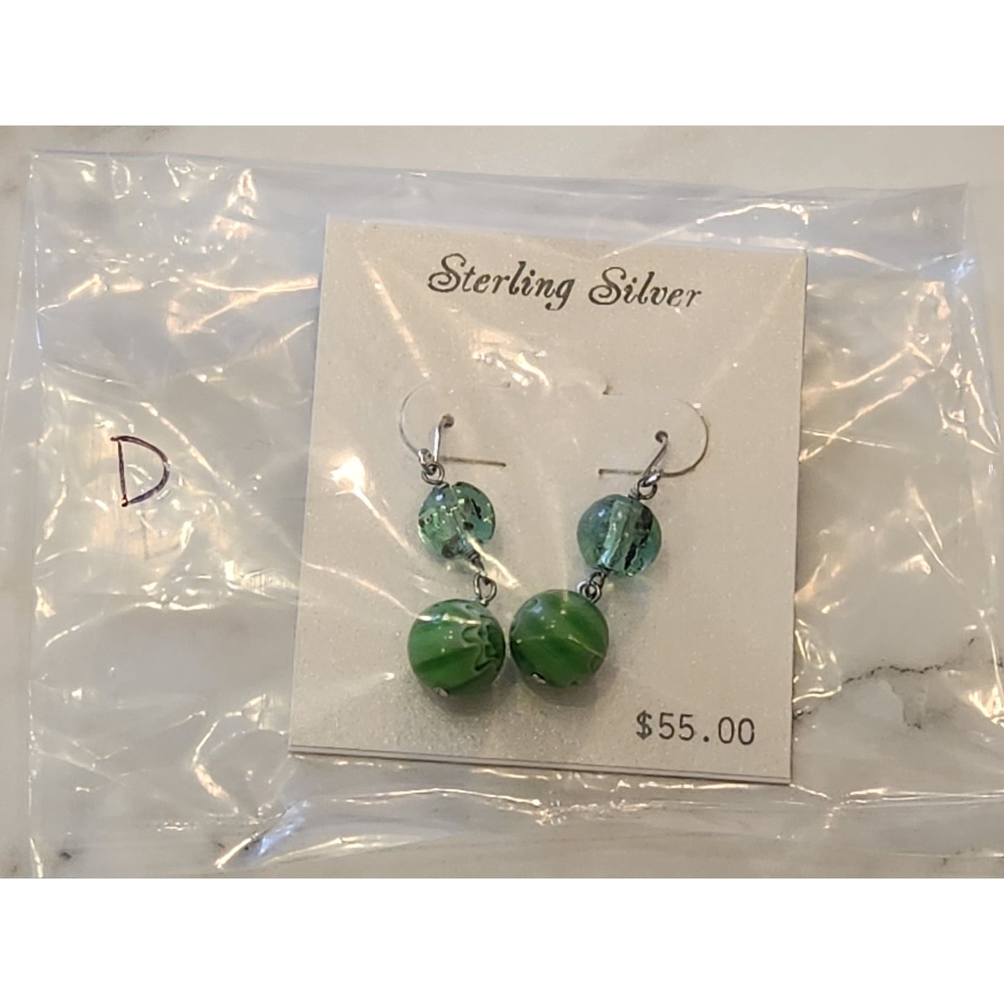 Sterling Silver Green Glass Bead Dangle Earrings