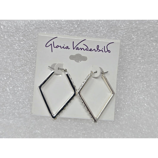 Gloria Vanderbilt Silver-Tone Diamond-Shaped Hoop Earrings Rhinestone Accents