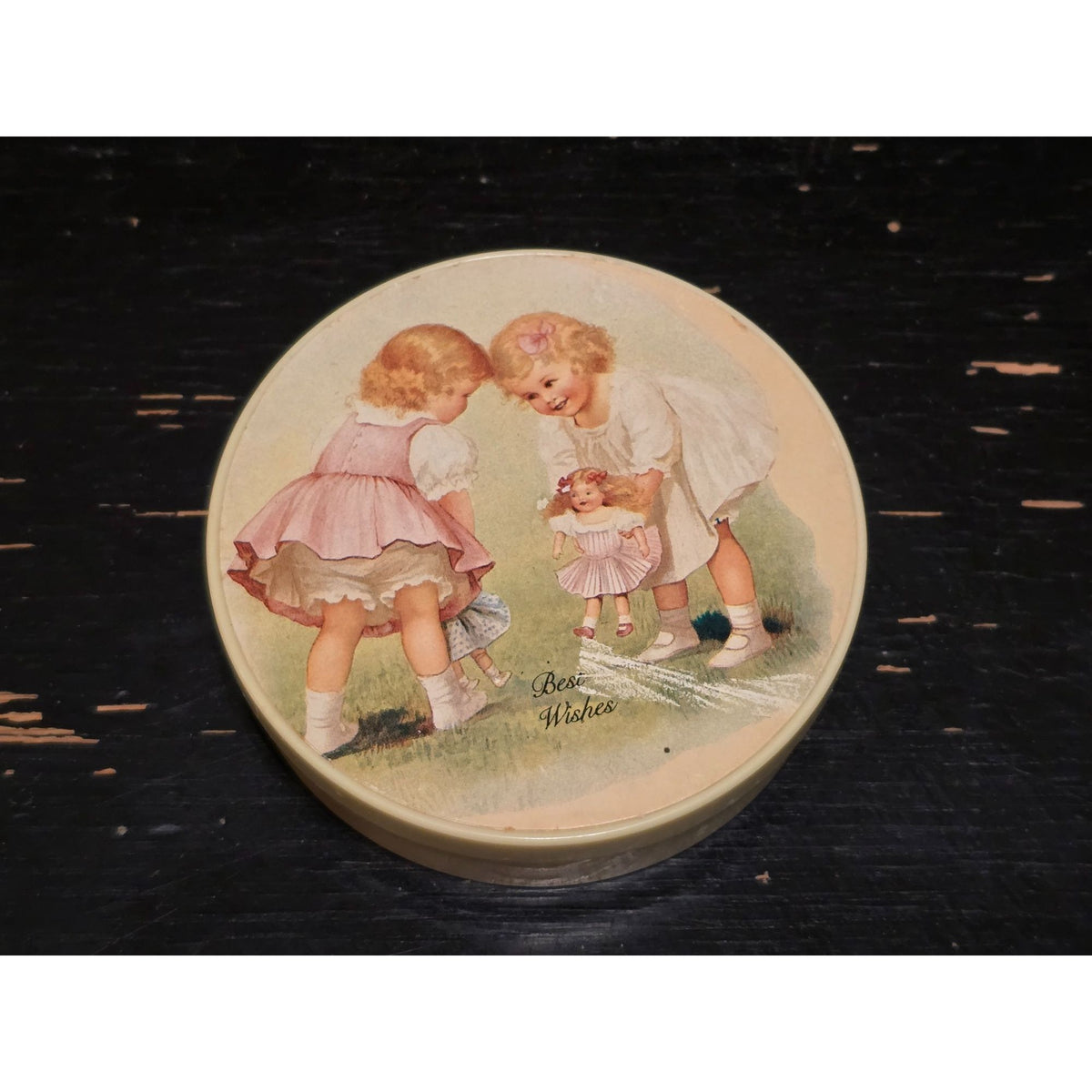 Vintage Best Wishes Trinket Box Girls Playing Dolls Round Keepsake Container