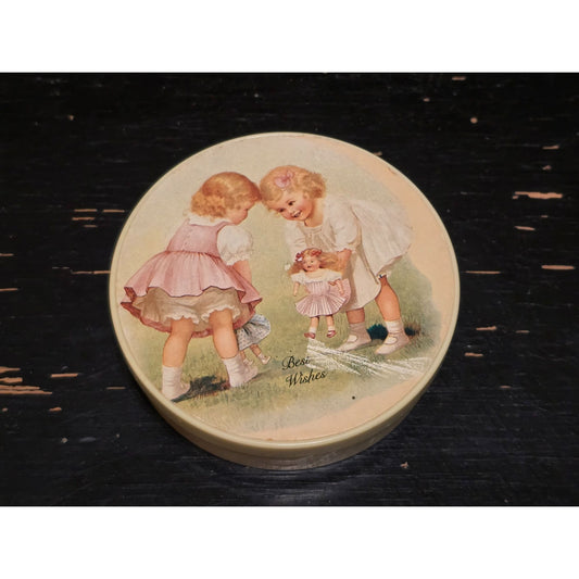 Vintage Best Wishes Trinket Box Girls Playing Dolls Round Keepsake Container