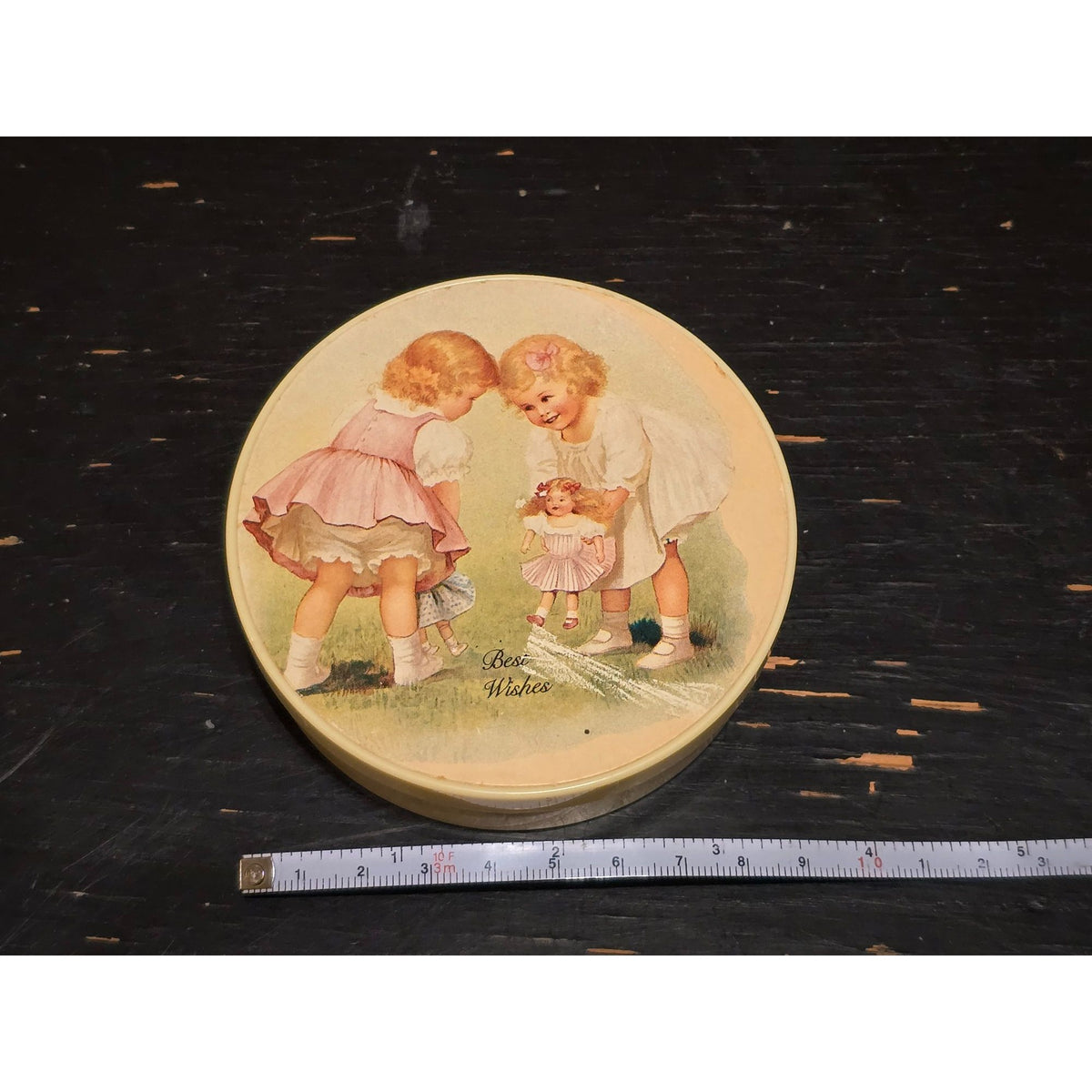 Vintage Best Wishes Trinket Box Girls Playing Dolls Round Keepsake Container