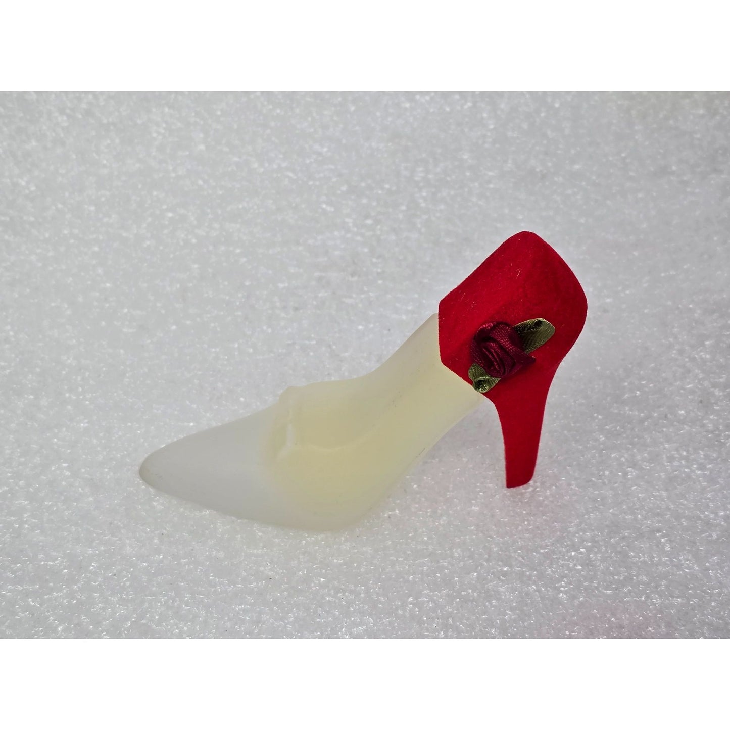 Frosted Glass High Heel Shoe Perfume Bottle Red Velvet Heel with Rose Detail