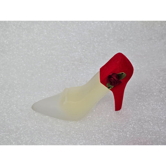 Frosted Glass High Heel Shoe Perfume Bottle Red Velvet Heel with Rose Detail