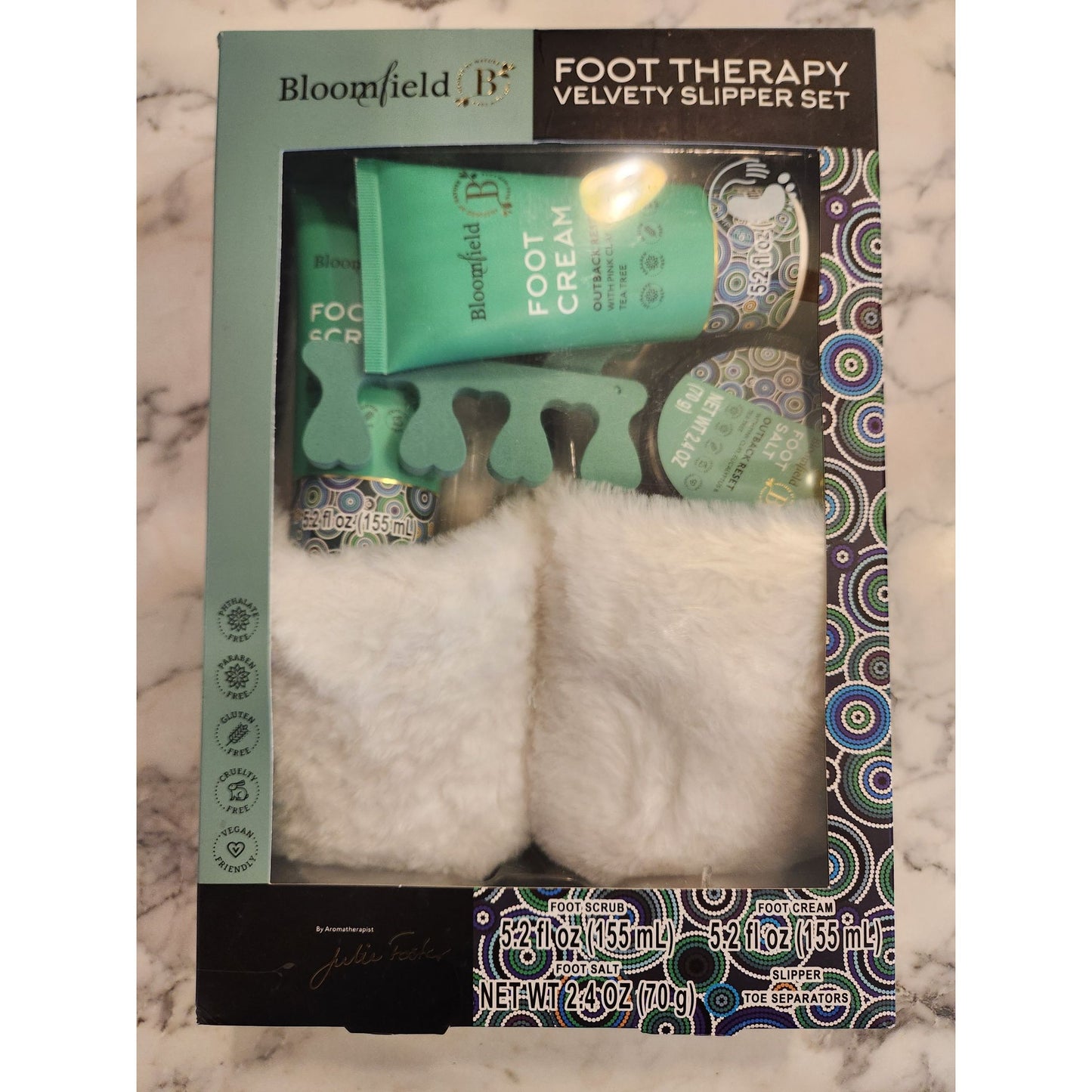 Bloomfield Foot Therapy Velvety Slipper Set Foot Cream Scrub Salt Toe Separators