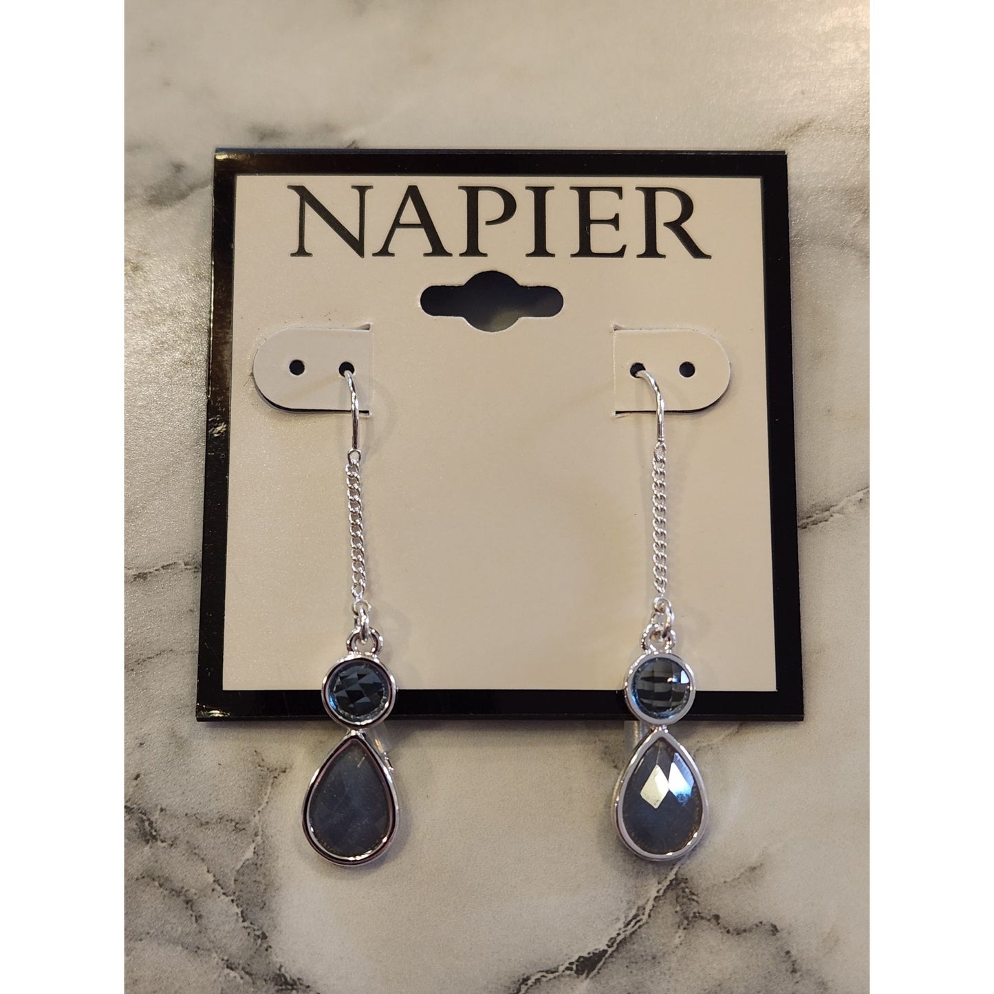 Napier Silver-Tone Blue Double Drop Earrings With Chain Back Design