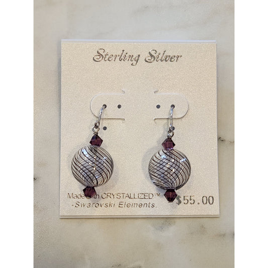 Sterling Silver Dangle Earrings W/ Swarovski Elements Purple Beads Textured Ball