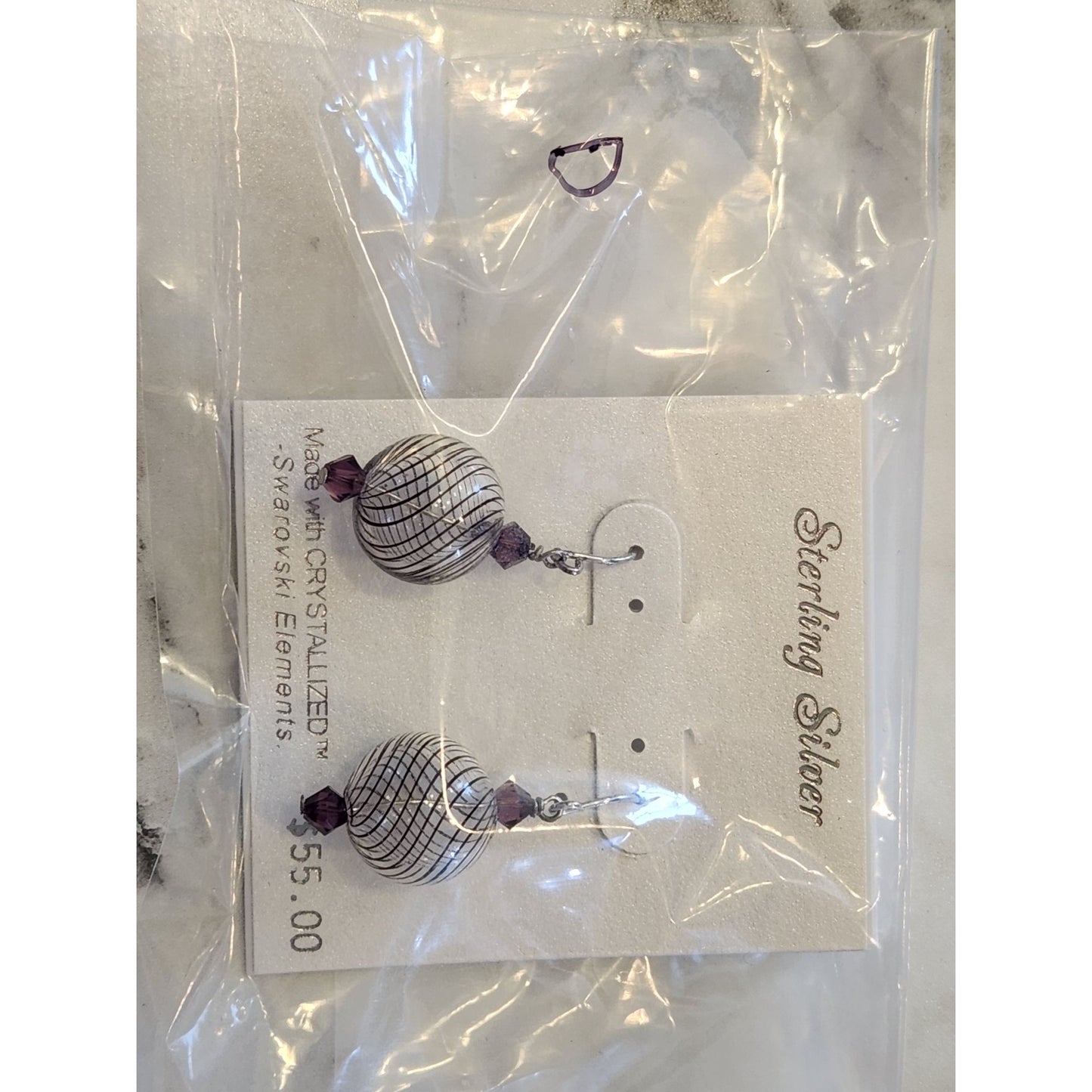 Sterling Silver Dangle Earrings W/ Swarovski Elements Purple Beads Textured Ball
