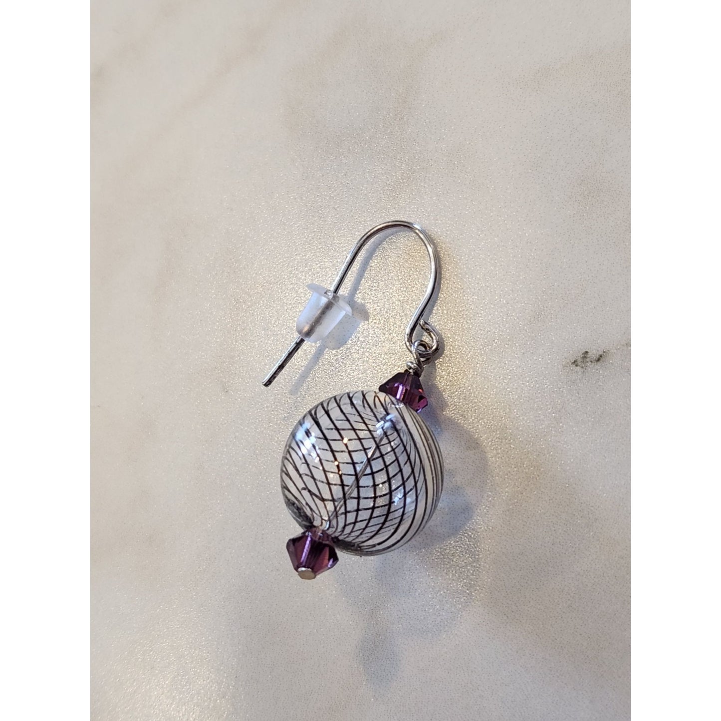 Sterling Silver Dangle Earrings W/ Swarovski Elements Purple Beads Textured Ball