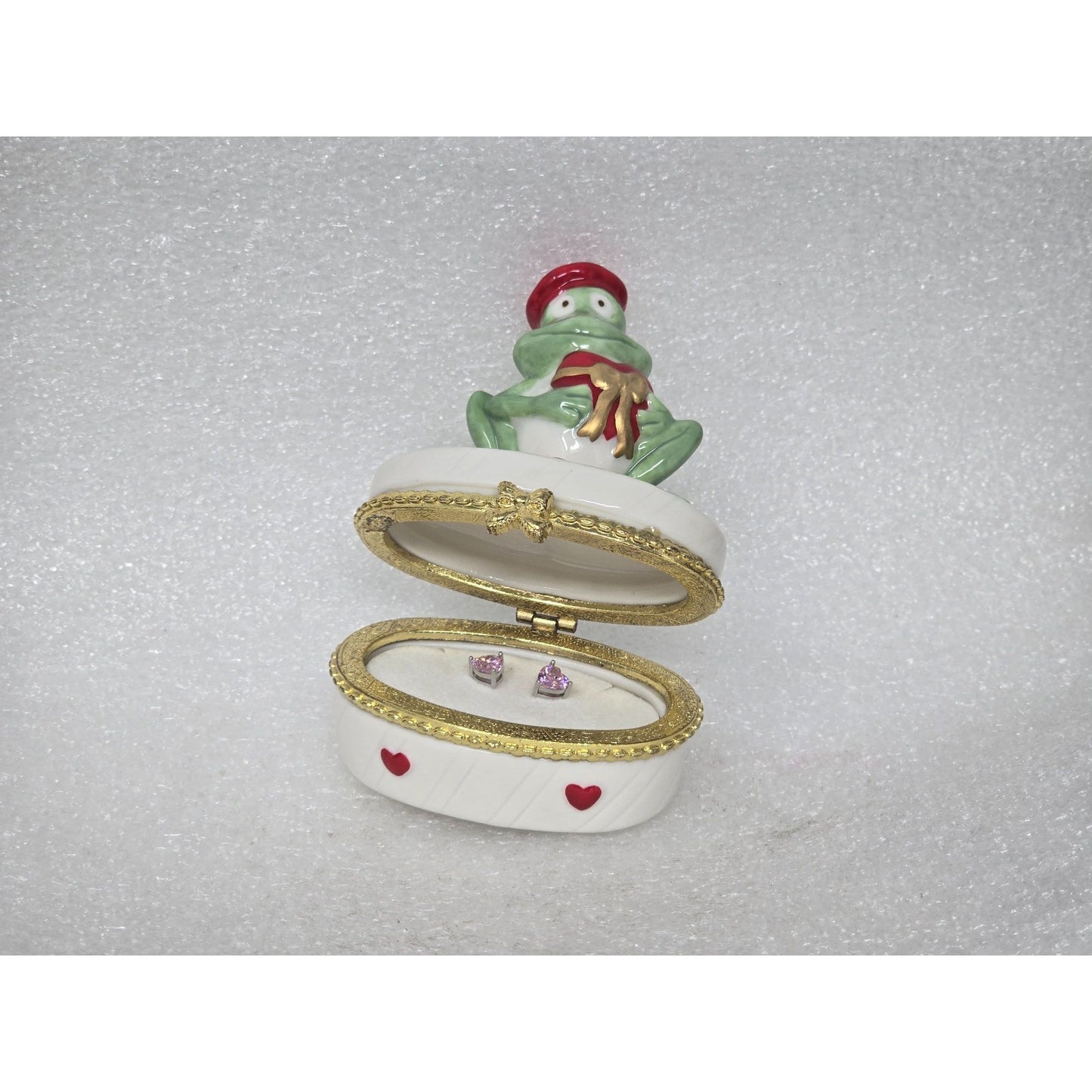 Pink Heart CZ Stud Earrings Prince Charming Frog Keepsake Trinket Box Porcelain