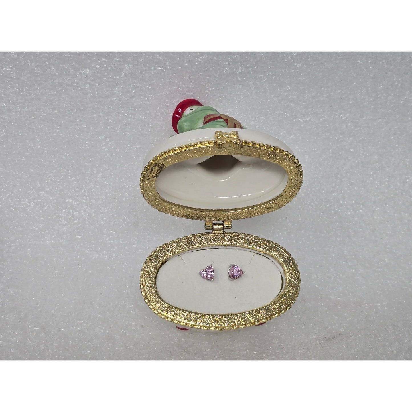 Pink Heart CZ Stud Earrings Prince Charming Frog Keepsake Trinket Box Porcelain
