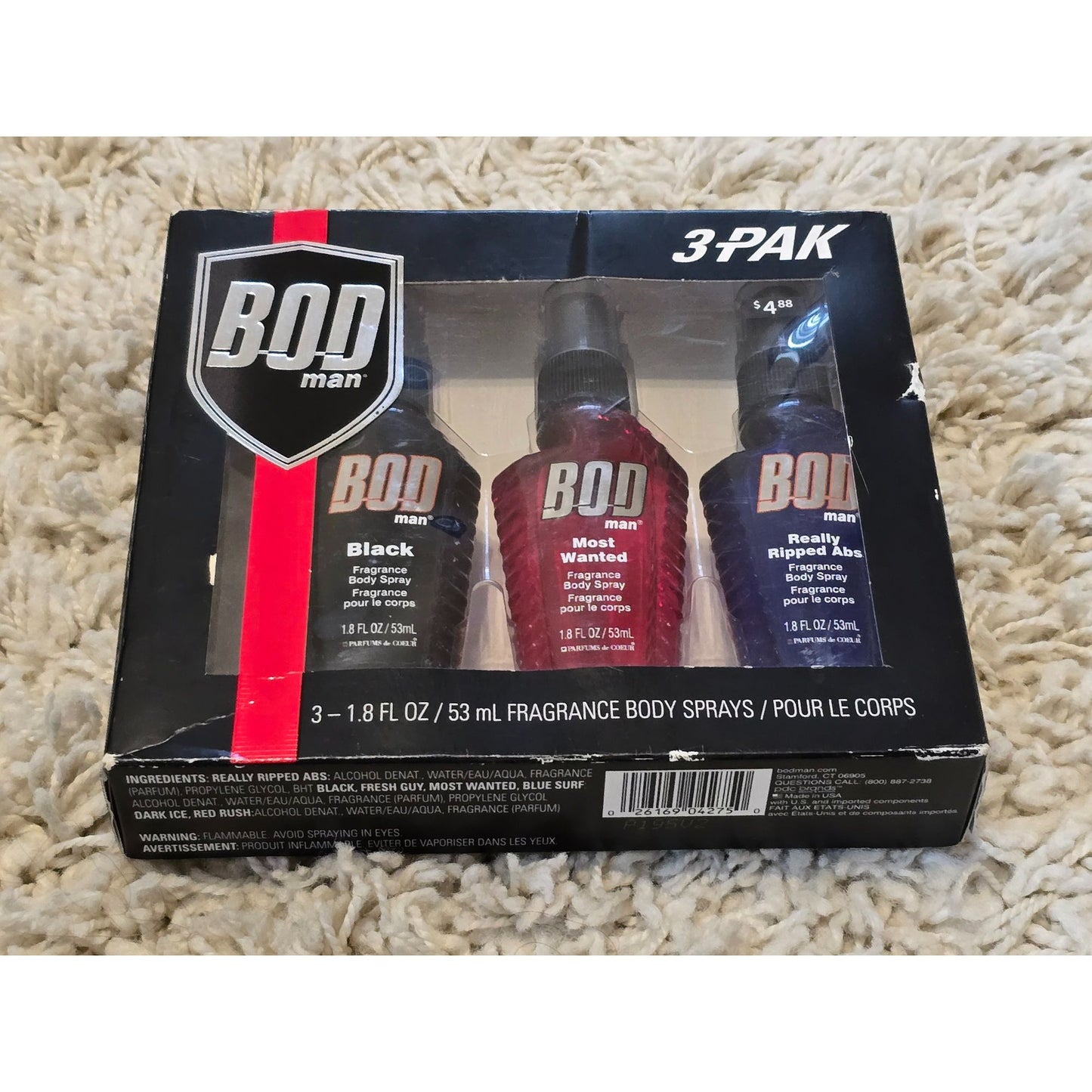 BOD Man 3 Pack Fragrance Body Spray Gift Set Black Most Wanted Really Ripped Abs