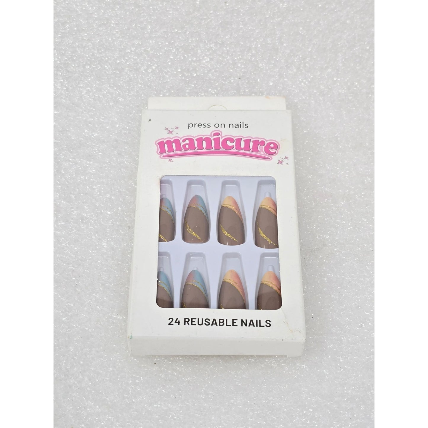 Press-On Nails 24 Reusable Tips Brown & Pastel French Design
