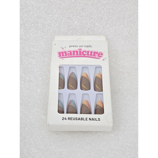 Press-On Nails 24 Reusable Tips Brown & Pastel French Design