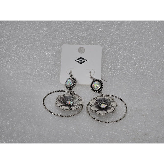 Silver Tone Floral Dangle Earrings With Iridescent Gemstones