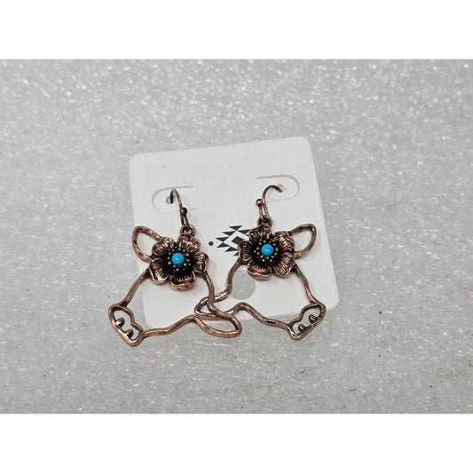 Cow Shaped Copper Tone Dangle Earrings With Faux Turquoise Accent