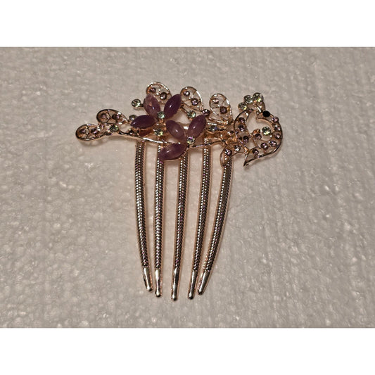 Gold-Tone Floral Hair Comb With Purple & Clear Rhinestones