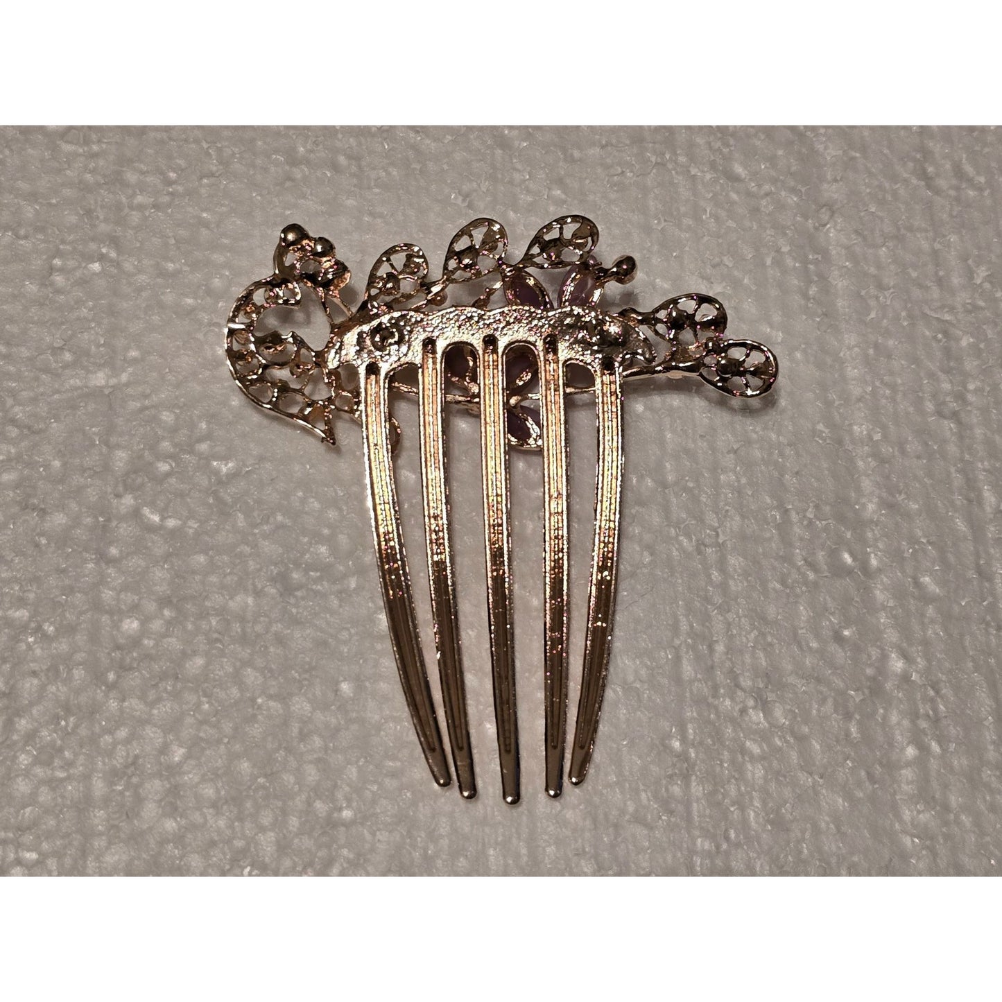 Gold-Tone Floral Hair Comb With Purple & Clear Rhinestones