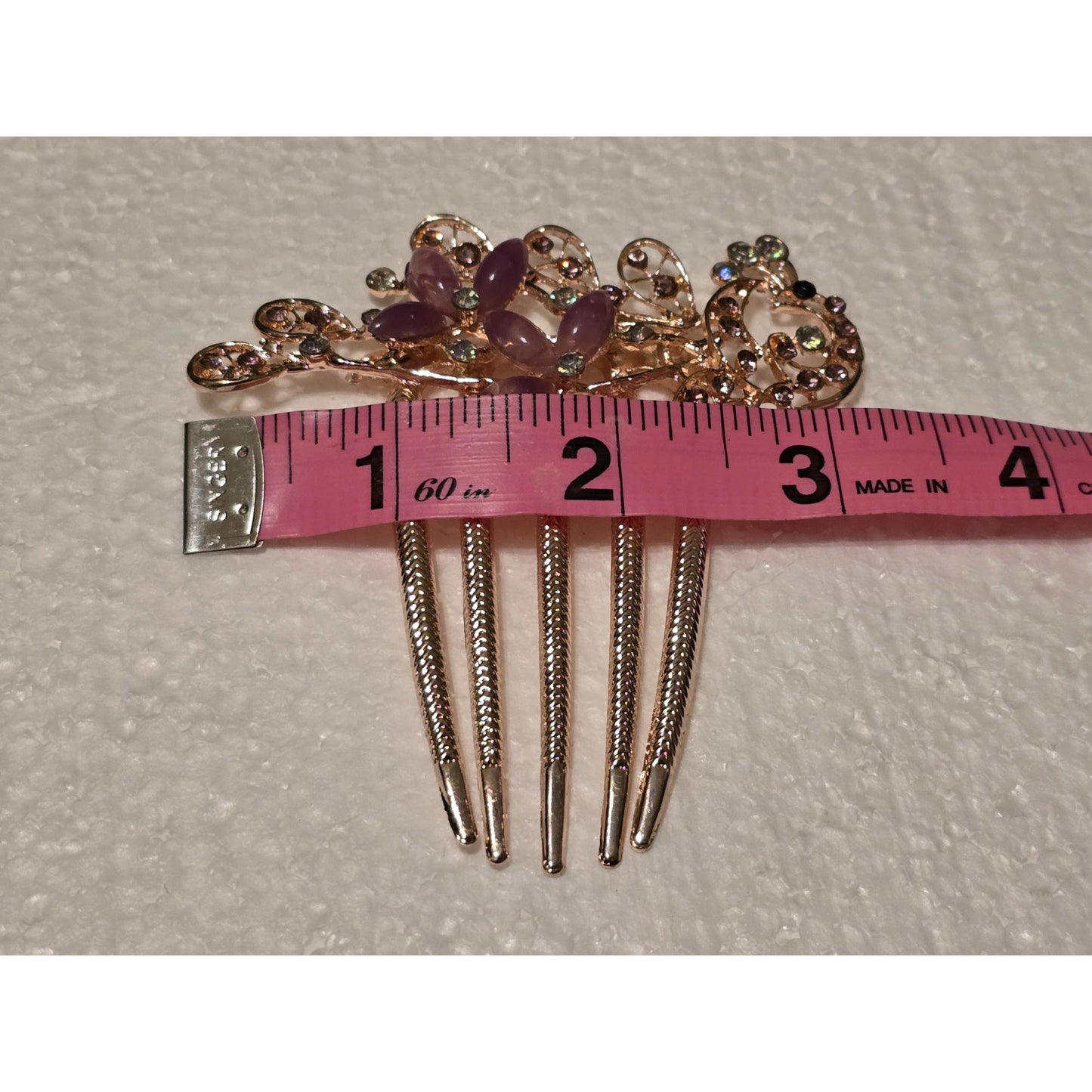 Gold-Tone Floral Hair Comb With Purple & Clear Rhinestones