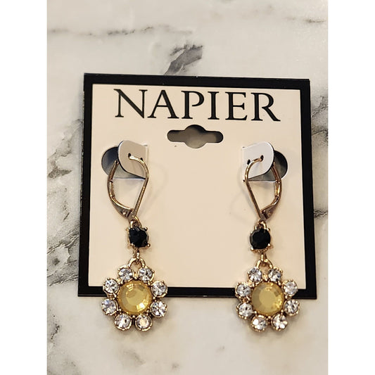 Napier Yellow & Crystal Flower Dangle Earrings With Black Accent On Leverback