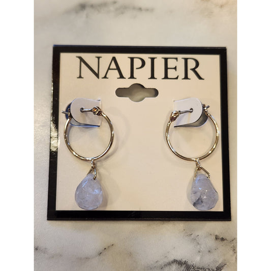 Napier Goldtone Hoop Earrings Dangling Clear Crystal Teardrop Accents Elegant
