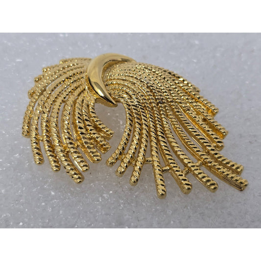 Signed Premier Designs Gold Tone Ribbon Spray Brooch Statement Pin Vintage