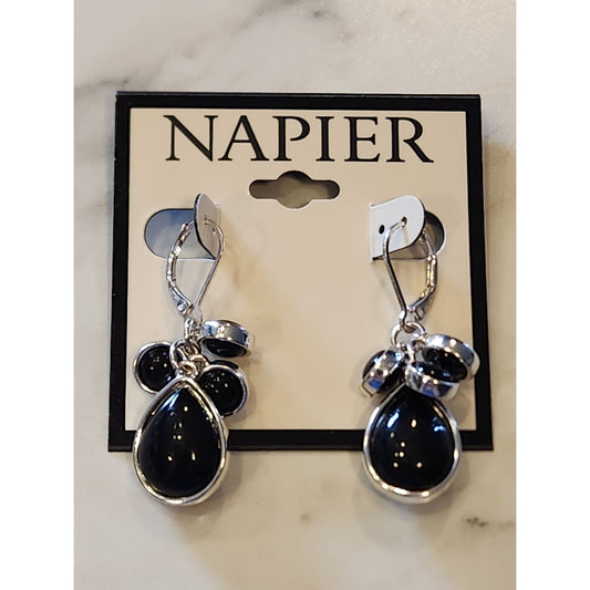 Napier Silver-Tone Drop Earrings With Black Stone Accents - Elegant And Stylish