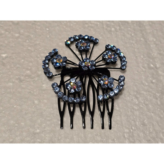 Vintage Rhinestone Flower Hair Comb Accessory Blue Crystals On Black