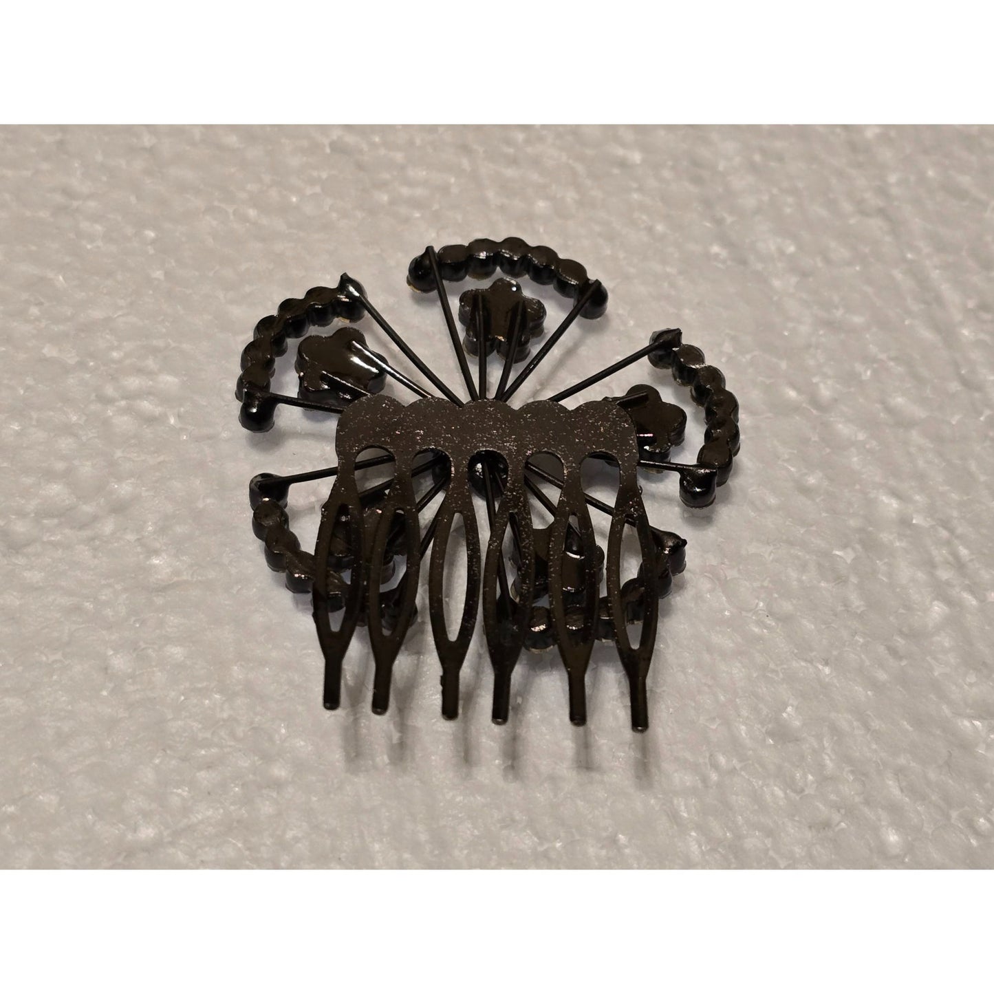 Vintage Rhinestone Flower Hair Comb Accessory Blue Crystals On Black