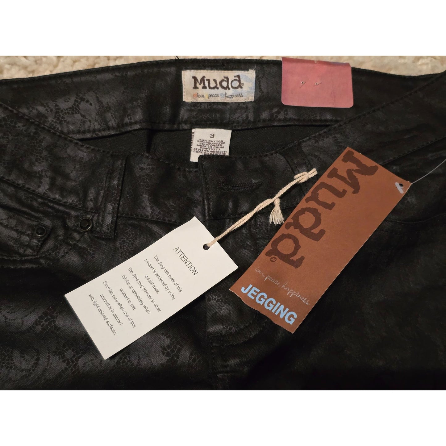 Mudd Black Coated Lace Print Jeggings Size 3