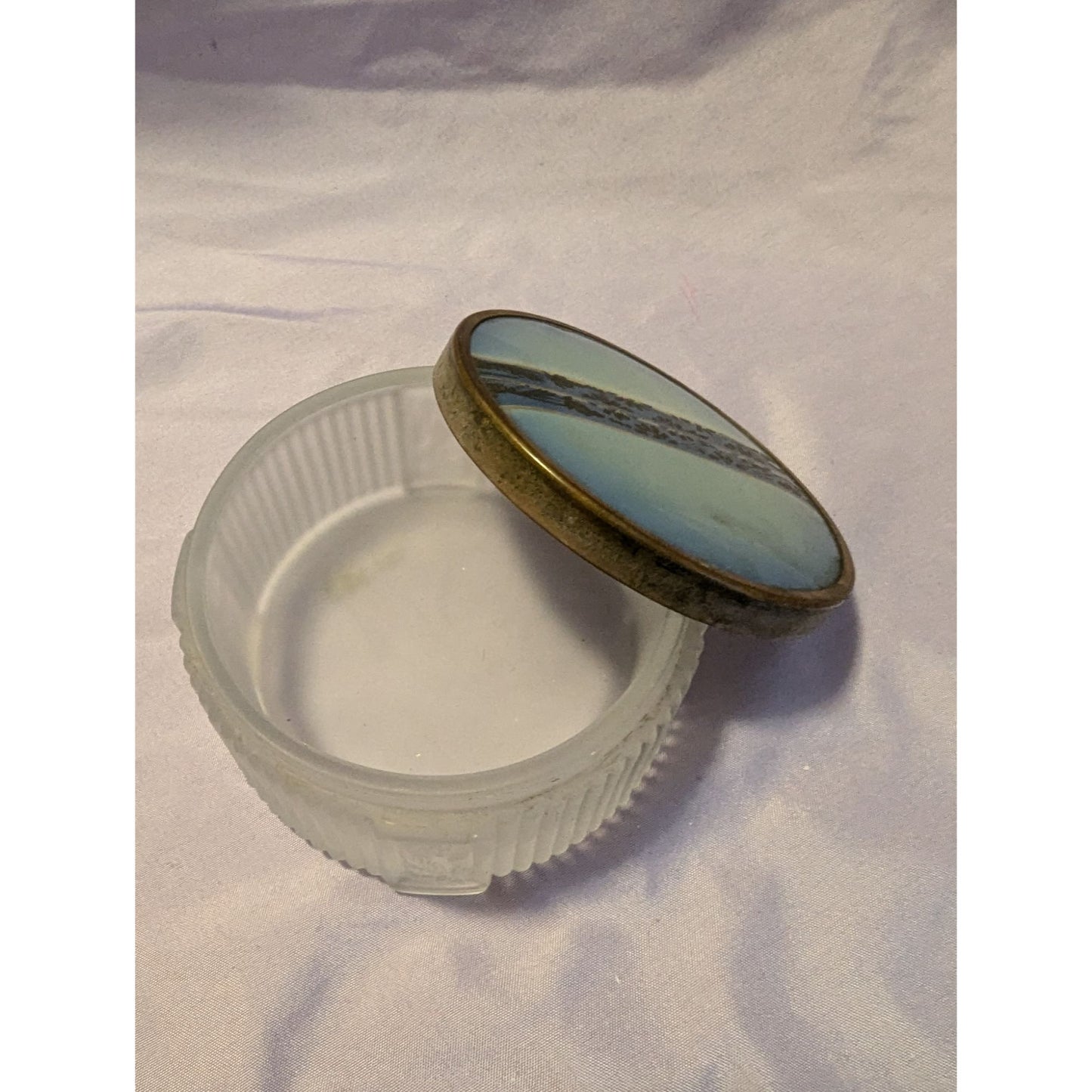 Vintage Frosted Glass Powder Vanity Jar Blue Enamel Floral Brass Lid Art Deco