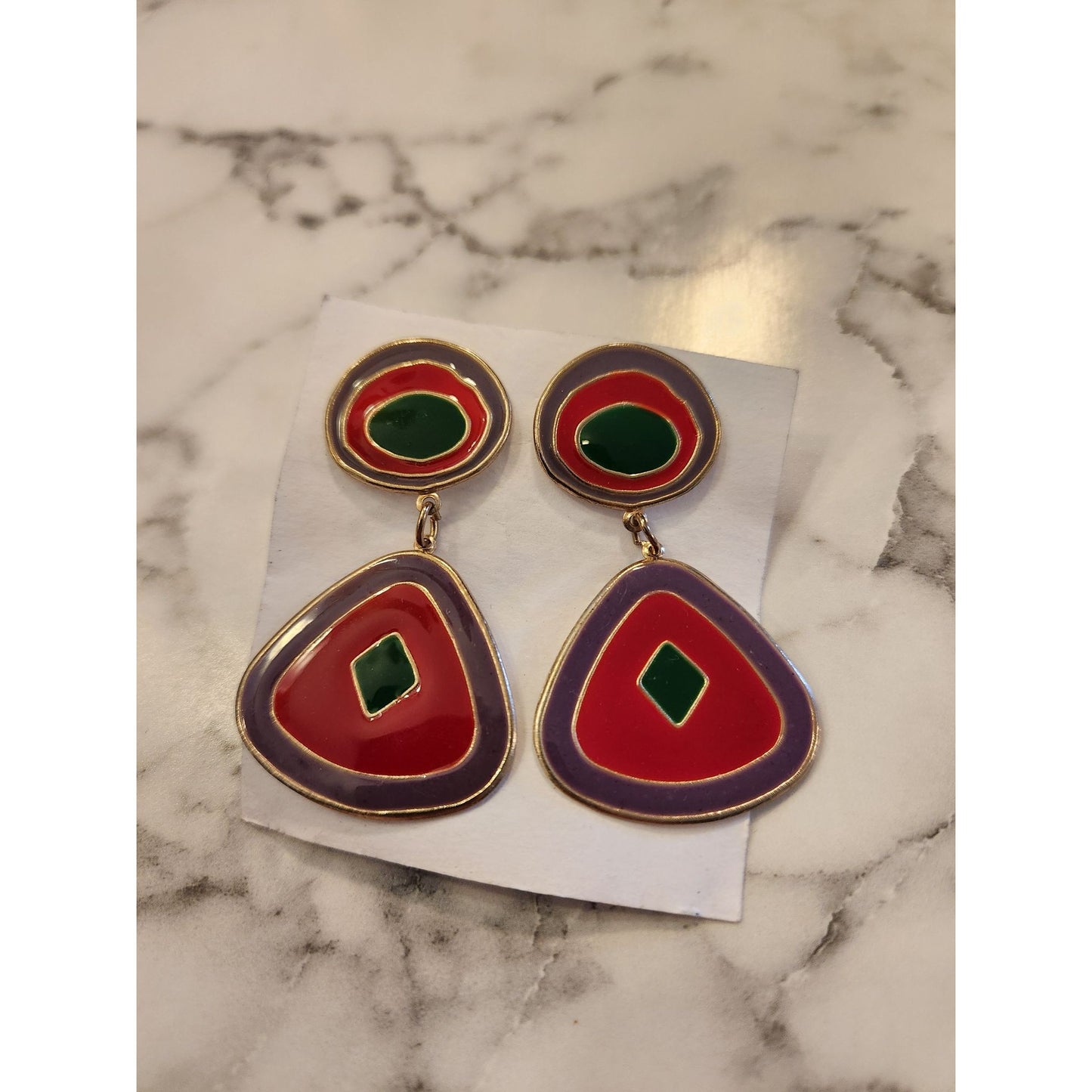 Vintage Geometric Enamel Dangle Earrings Red Green Purple Retro 1980s Boho Chic