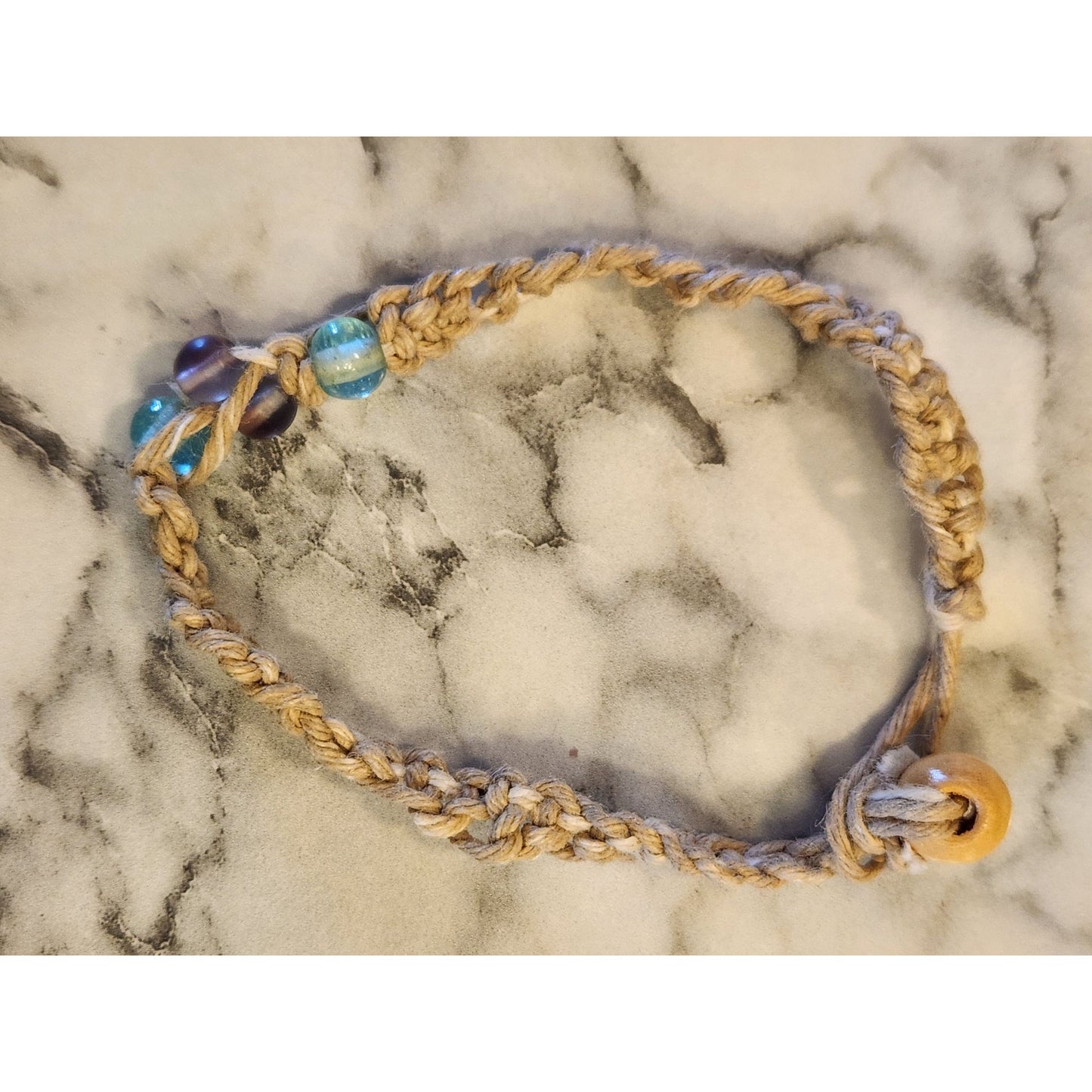 Handcrafted Natural Braided Bracelet With Glass Beads & Wood Button Closure
