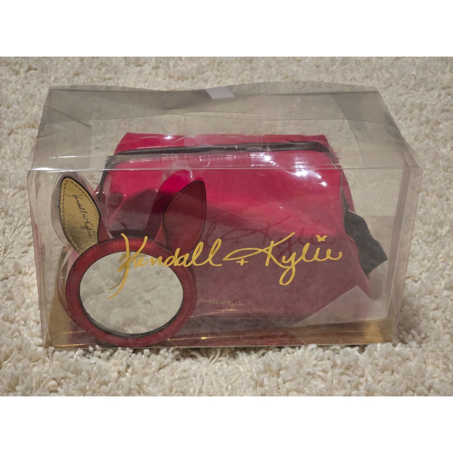 Kendall + Kylie Katie Red Patent Cosmetic Makeup Bag Bunny Ear Mirror Set